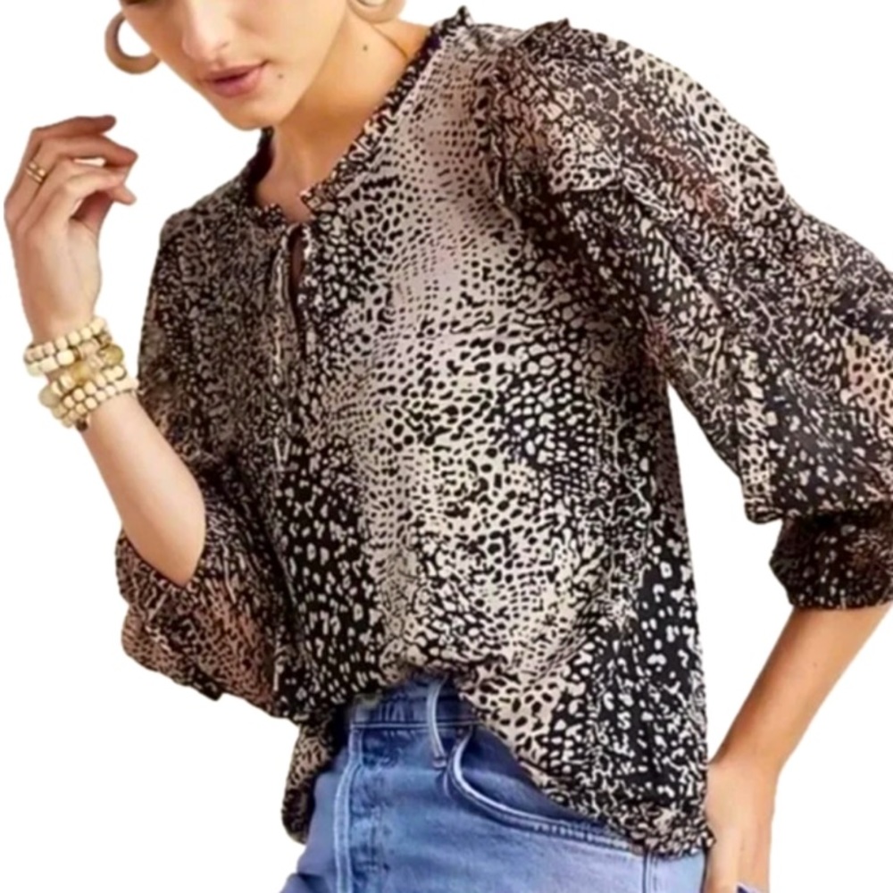 Anthropologie Maeve Tan and Black Animal Print Jacquin Sheer Sleeve Casual Top
